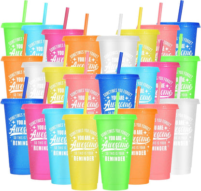 24 Pack Plastic Tumblers with Lids and Straw, Reusable Cups with Lids and Straws Colorful Cups for Cold Drink Iced Coffee, Plastic Tumbler Bulk for Party Birthday Gifts (24 oz, Solid Colors)