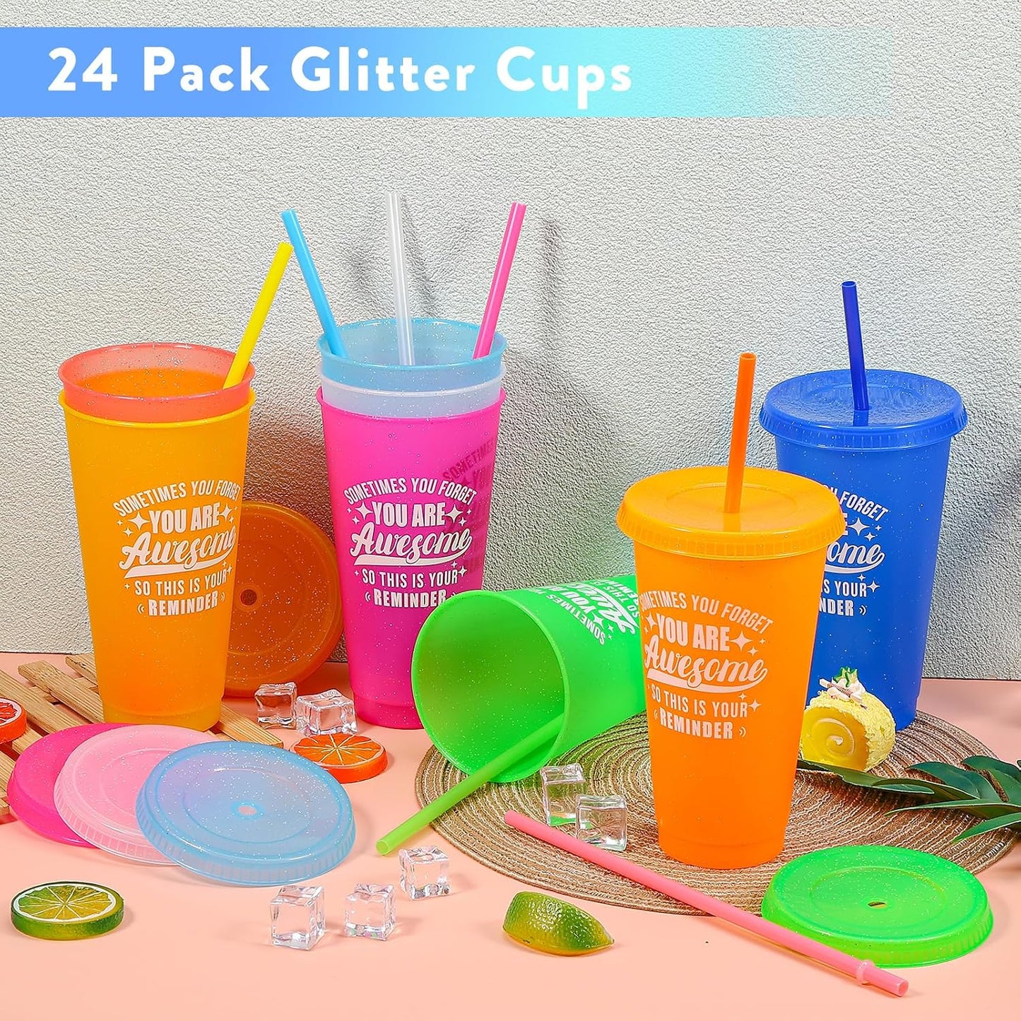 24 Pack Plastic Tumblers with Lids and Straw, Reusable Cups with Lids and Straws Colorful Cups for Cold Drink Iced Coffee, Plastic Tumbler Bulk for Party Birthday Gifts (24 oz, Solid Colors)