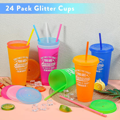 24 Pack Plastic Tumblers with Lids and Straw, Reusable Cups with Lids and Straws Colorful Cups for Cold Drink Iced Coffee, Plastic Tumbler Bulk for Party Birthday Gifts (24 oz, Solid Colors)