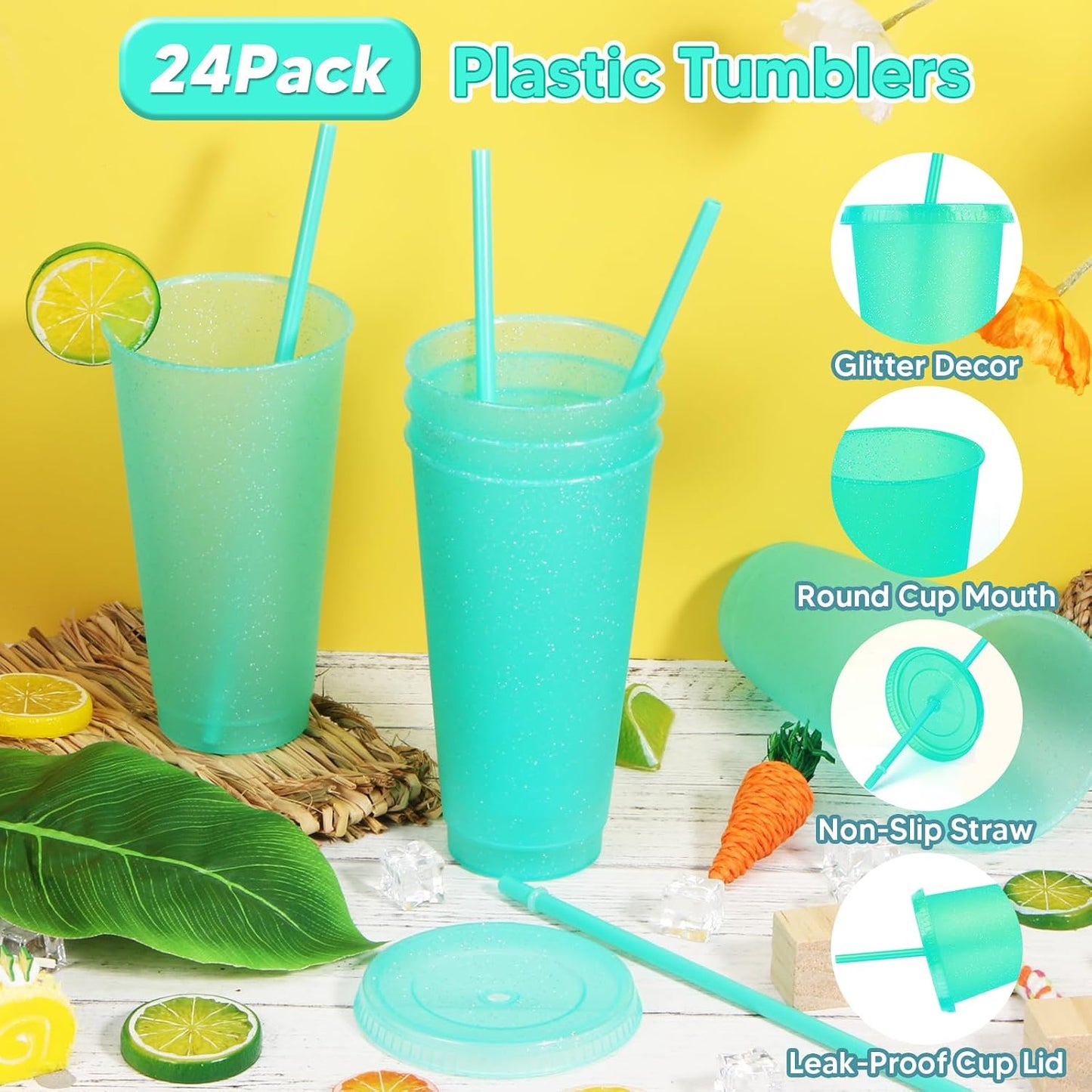 24 Pack Plastic Tumblers with Lids and Straw, Reusable Cups with Lids and Straws Colorful Cups for Cold Drink Iced Coffee, Plastic Tumbler Bulk for Party Birthday Gifts (24 oz, Solid Colors)