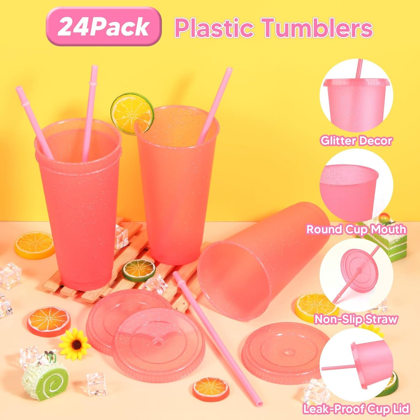 24 Pack Plastic Tumblers with Lids and Straw, Reusable Cups with Lids and Straws Colorful Cups for Cold Drink Iced Coffee, Plastic Tumbler Bulk for Party Birthday Gifts (24 oz, Solid Colors)