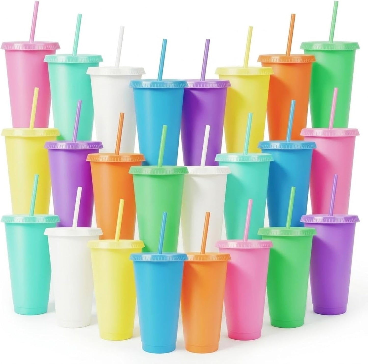 24 Pack Plastic Tumblers with Lids and Straw, Reusable Cups with Lids and Straws Colorful Cups for Cold Drink Iced Coffee, Plastic Tumbler Bulk for Party Birthday Gifts (24 oz, Solid Colors)