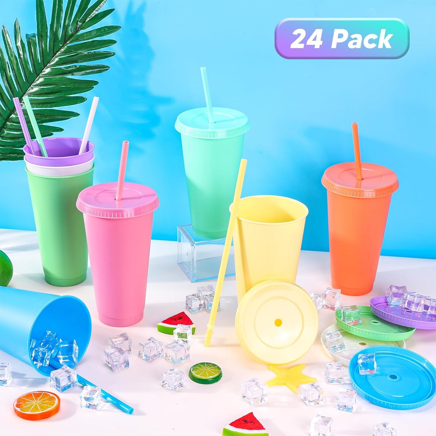 24 Pack Plastic Tumblers with Lids and Straw, Reusable Cups with Lids and Straws Colorful Cups for Cold Drink Iced Coffee, Plastic Tumbler Bulk for Party Birthday Gifts (24 oz, Solid Colors)