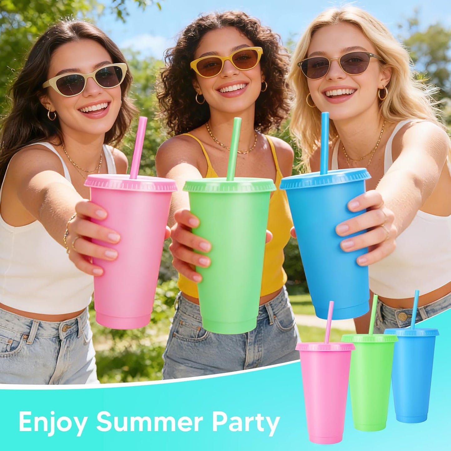 24 Pack Plastic Tumblers with Lids and Straw, Reusable Cups with Lids and Straws Colorful Cups for Cold Drink Iced Coffee, Plastic Tumbler Bulk for Party Birthday Gifts (24 oz, Solid Colors)