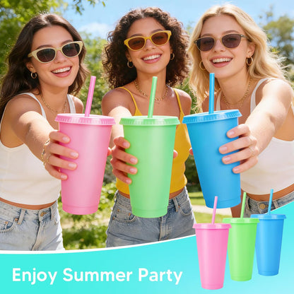 24 Pack Plastic Tumblers with Lids and Straw, Reusable Cups with Lids and Straws Colorful Cups for Cold Drink Iced Coffee, Plastic Tumbler Bulk for Party Birthday Gifts (24 oz, Solid Colors)