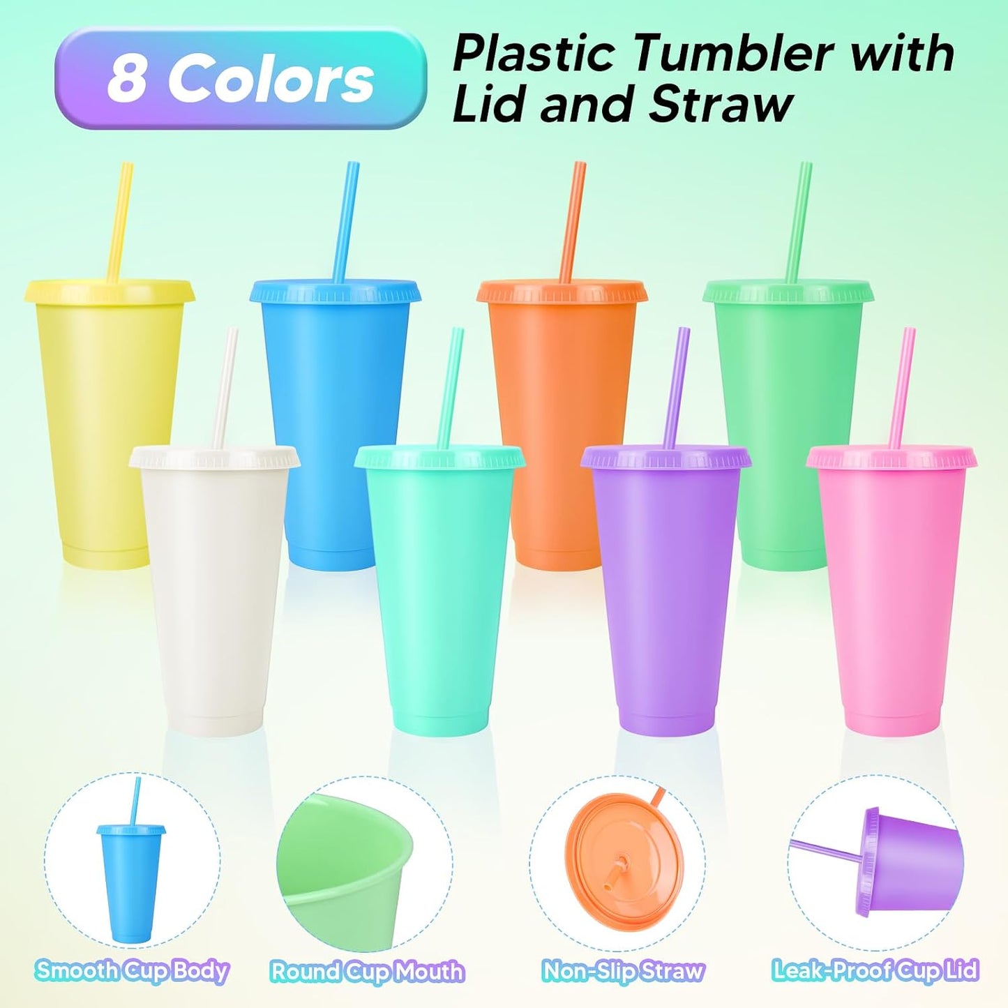 24 Pack Plastic Tumblers with Lids and Straw, Reusable Cups with Lids and Straws Colorful Cups for Cold Drink Iced Coffee, Plastic Tumbler Bulk for Party Birthday Gifts (24 oz, Solid Colors)