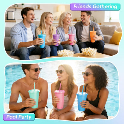 24 Pack Plastic Tumblers with Lids and Straw, Reusable Cups with Lids and Straws Colorful Cups for Cold Drink Iced Coffee, Plastic Tumbler Bulk for Party Birthday Gifts (24 oz, Solid Colors)