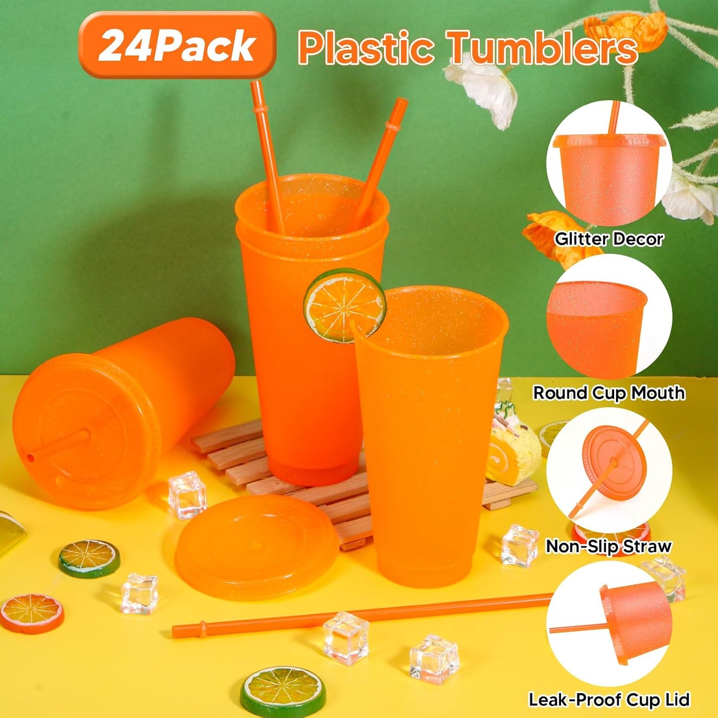 24 Pack Plastic Tumblers with Lids and Straw, Reusable Cups with Lids and Straws Colorful Cups for Cold Drink Iced Coffee, Plastic Tumbler Bulk for Party Birthday Gifts (24 oz, Solid Colors)