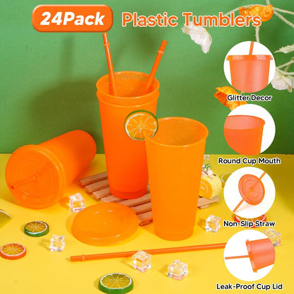 24 Pack Plastic Tumblers with Lids and Straw, Reusable Cups with Lids and Straws Colorful Cups for Cold Drink Iced Coffee, Plastic Tumbler Bulk for Party Birthday Gifts (24 oz, Solid Colors)