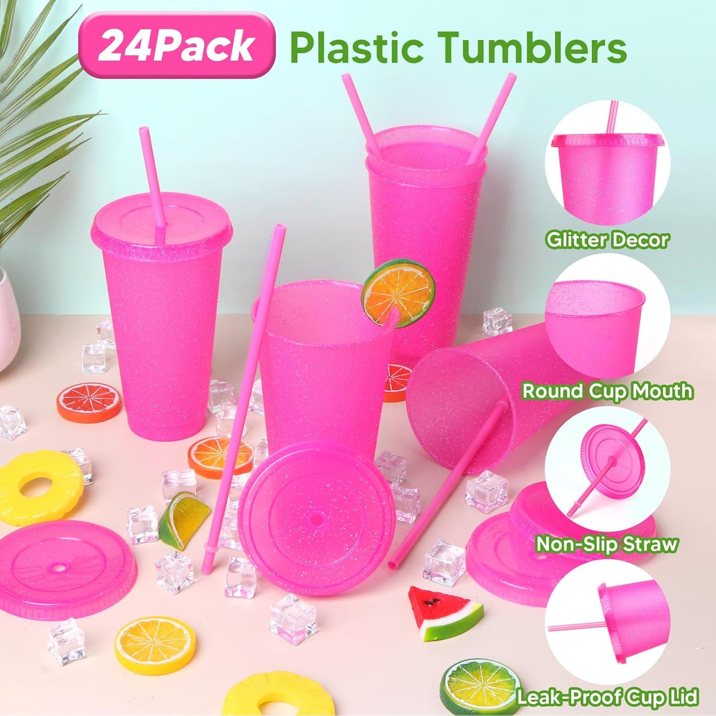 24 Pack Plastic Tumblers with Lids and Straw, Reusable Cups with Lids and Straws Colorful Cups for Cold Drink Iced Coffee, Plastic Tumbler Bulk for Party Birthday Gifts (24 oz, Solid Colors)