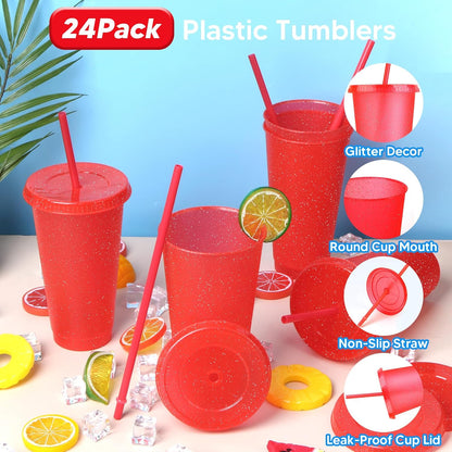 24 Pack Plastic Tumblers with Lids and Straw, Reusable Cups with Lids and Straws Colorful Cups for Cold Drink Iced Coffee, Plastic Tumbler Bulk for Party Birthday Gifts (24 oz, Solid Colors)