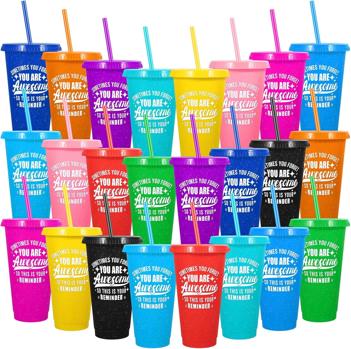 24 Pack Plastic Tumblers with Lids and Straw, Reusable Cups with Lids and Straws Colorful Cups for Cold Drink Iced Coffee, Plastic Tumbler Bulk for Party Birthday Gifts (24 oz, Solid Colors)