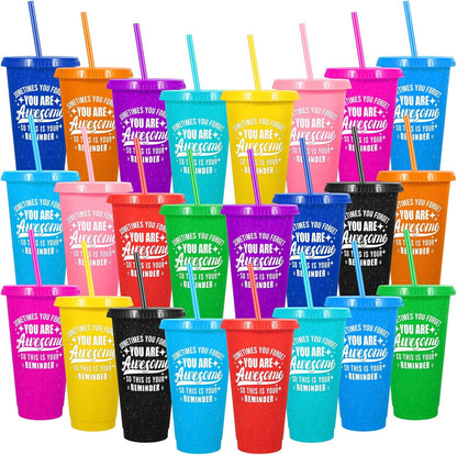 24 Pack Plastic Tumblers with Lids and Straw, Reusable Cups with Lids and Straws Colorful Cups for Cold Drink Iced Coffee, Plastic Tumbler Bulk for Party Birthday Gifts (24 oz, Solid Colors)