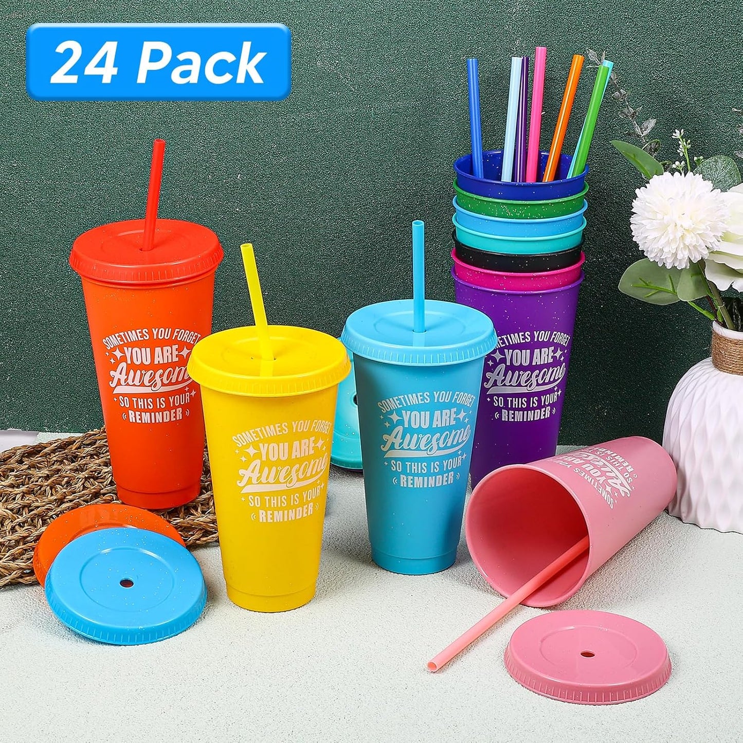 24 Pack Plastic Tumblers with Lids and Straw, Reusable Cups with Lids and Straws Colorful Cups for Cold Drink Iced Coffee, Plastic Tumbler Bulk for Party Birthday Gifts (24 oz, Solid Colors)