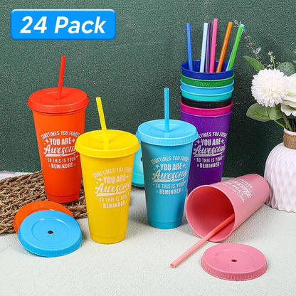 24 Pack Plastic Tumblers with Lids and Straw, Reusable Cups with Lids and Straws Colorful Cups for Cold Drink Iced Coffee, Plastic Tumbler Bulk for Party Birthday Gifts (24 oz, Solid Colors)