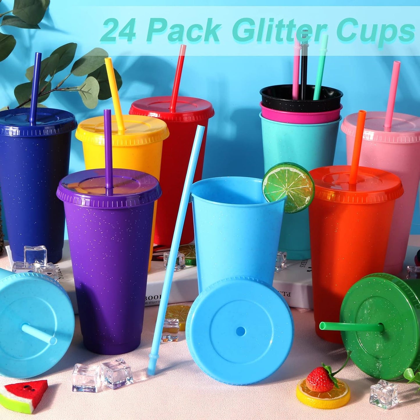 24 Pack Plastic Tumblers with Lids and Straw, Reusable Cups with Lids and Straws Colorful Cups for Cold Drink Iced Coffee, Plastic Tumbler Bulk for Party Birthday Gifts (24 oz, Solid Colors)