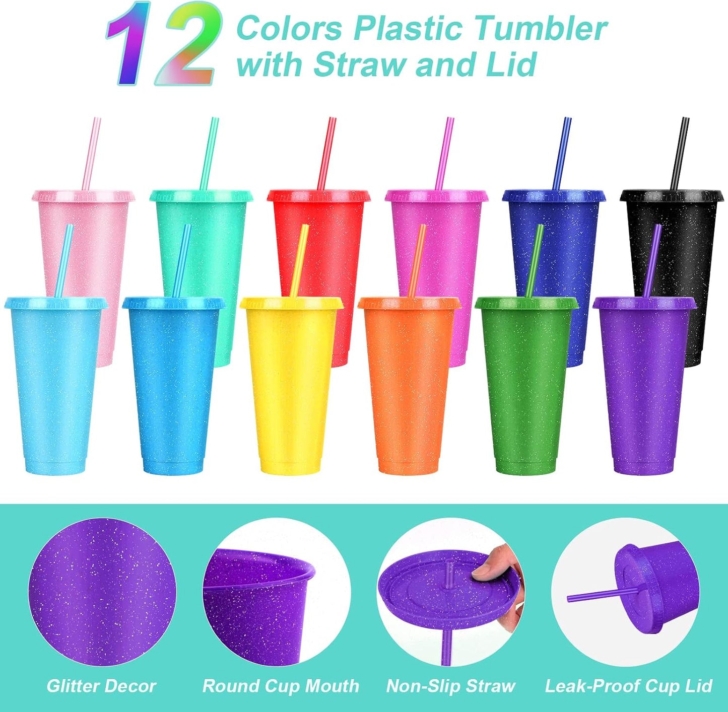 24 Pack Plastic Tumblers with Lids and Straw, Reusable Cups with Lids and Straws Colorful Cups for Cold Drink Iced Coffee, Plastic Tumbler Bulk for Party Birthday Gifts (24 oz, Solid Colors)