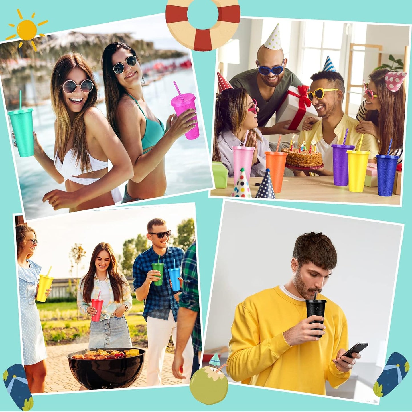 24 Pack Plastic Tumblers with Lids and Straw, Reusable Cups with Lids and Straws Colorful Cups for Cold Drink Iced Coffee, Plastic Tumbler Bulk for Party Birthday Gifts (24 oz, Solid Colors)