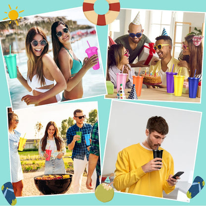 24 Pack Plastic Tumblers with Lids and Straw, Reusable Cups with Lids and Straws Colorful Cups for Cold Drink Iced Coffee, Plastic Tumbler Bulk for Party Birthday Gifts (24 oz, Solid Colors)