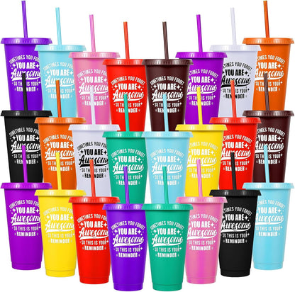 24 Pack Plastic Tumblers with Lids and Straw, Reusable Cups with Lids and Straws Colorful Cups for Cold Drink Iced Coffee, Plastic Tumbler Bulk for Party Birthday Gifts (24 oz, Solid Colors)