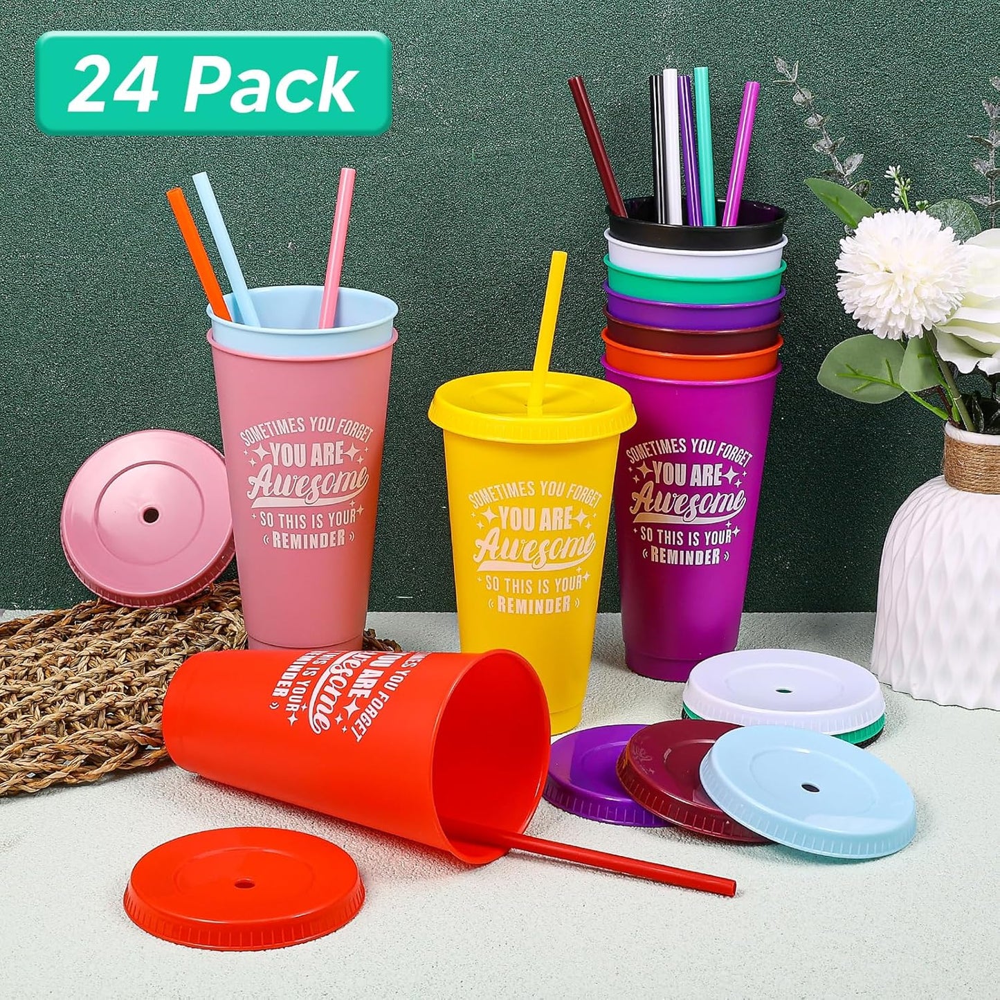 24 Pack Plastic Tumblers with Lids and Straw, Reusable Cups with Lids and Straws Colorful Cups for Cold Drink Iced Coffee, Plastic Tumbler Bulk for Party Birthday Gifts (24 oz, Solid Colors)