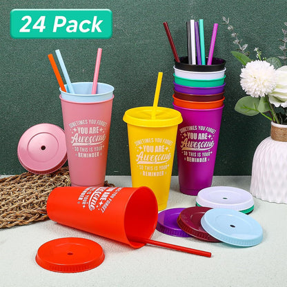 24 Pack Plastic Tumblers with Lids and Straw, Reusable Cups with Lids and Straws Colorful Cups for Cold Drink Iced Coffee, Plastic Tumbler Bulk for Party Birthday Gifts (24 oz, Solid Colors)