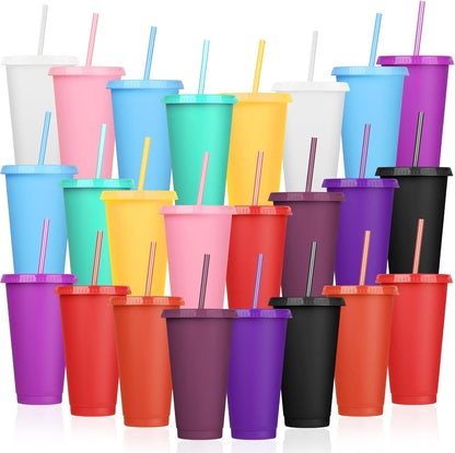 24 Pack Plastic Tumblers with Lids and Straw, Reusable Cups with Lids and Straws Colorful Cups for Cold Drink Iced Coffee, Plastic Tumbler Bulk for Party Birthday Gifts (24 oz, Solid Colors)