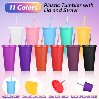 24 Pack Plastic Tumblers with Lids and Straw, Reusable Cups with Lids and Straws Colorful Cups for Cold Drink Iced Coffee, Plastic Tumbler Bulk for Party Birthday Gifts (24 oz, Solid Colors)