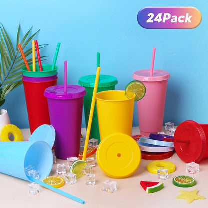 24 Pack Plastic Tumblers with Lids and Straw, Reusable Cups with Lids and Straws Colorful Cups for Cold Drink Iced Coffee, Plastic Tumbler Bulk for Party Birthday Gifts (24 oz, Solid Colors)