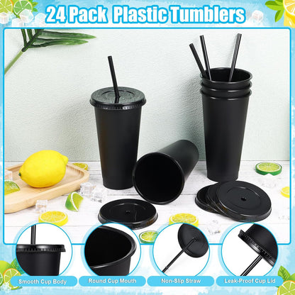 24 Pack Plastic Tumblers with Lids and Straw, Reusable Cups with Lids and Straws Colorful Cups for Cold Drink Iced Coffee, Plastic Tumbler Bulk for Party Birthday Gifts (24 oz, Solid Colors)