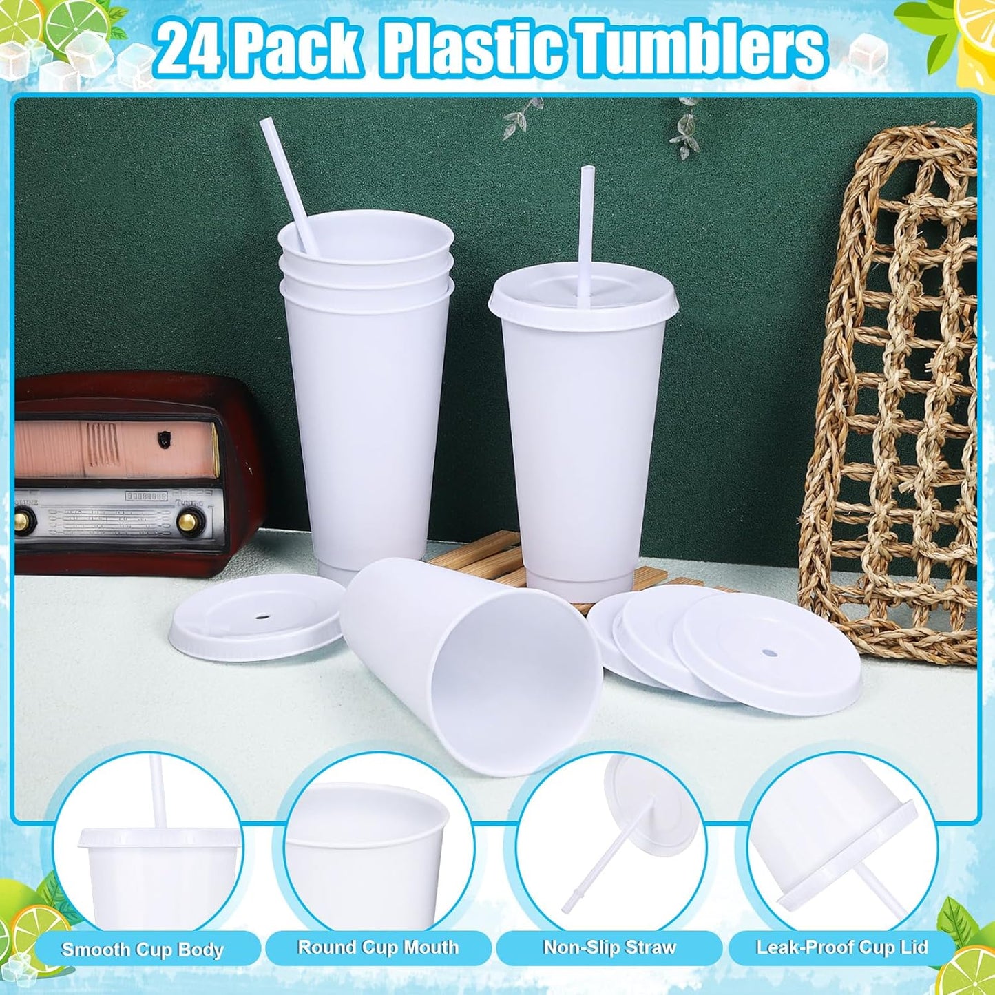 24 Pack Plastic Tumblers with Lids and Straw, Reusable Cups with Lids and Straws Colorful Cups for Cold Drink Iced Coffee, Plastic Tumbler Bulk for Party Birthday Gifts (24 oz, Solid Colors)