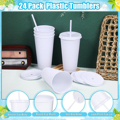 24 Pack Plastic Tumblers with Lids and Straw, Reusable Cups with Lids and Straws Colorful Cups for Cold Drink Iced Coffee, Plastic Tumbler Bulk for Party Birthday Gifts (24 oz, Solid Colors)