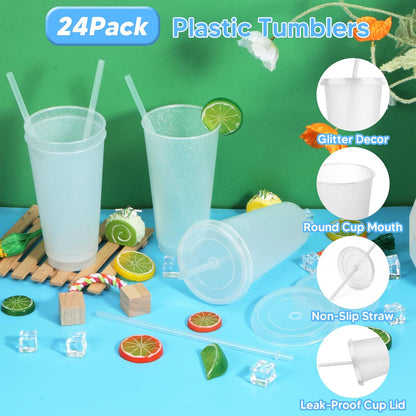 24 Pack Plastic Tumblers with Lids and Straw, Reusable Cups with Lids and Straws Colorful Cups for Cold Drink Iced Coffee, Plastic Tumbler Bulk for Party Birthday Gifts (24 oz, Solid Colors)