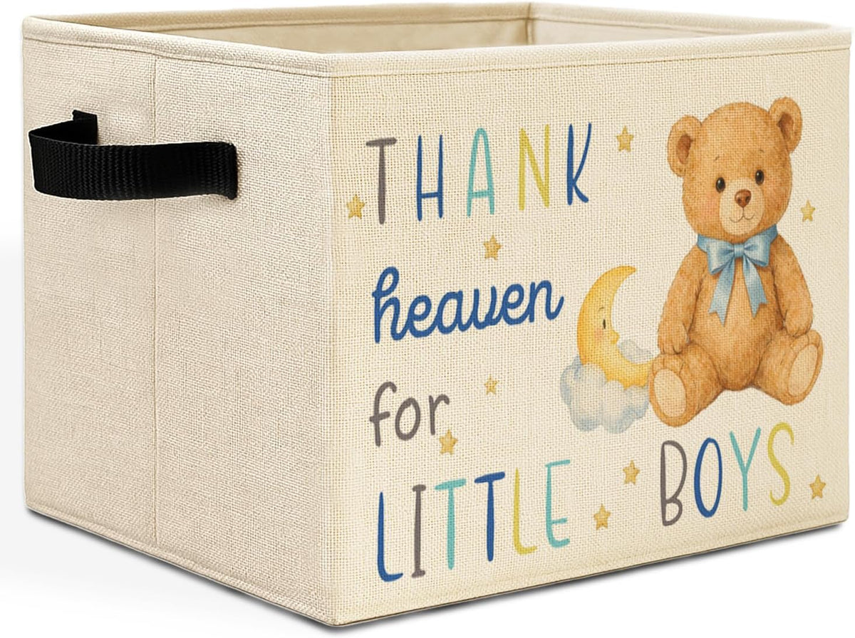 Bear Boy Nursery Storage Bins Box with Handles, Thank Heaven for Little Boys Laundry Basket Hamper Collapsible Clothes Toys Organizer for Toddler Kids Room Playroom Bathroom