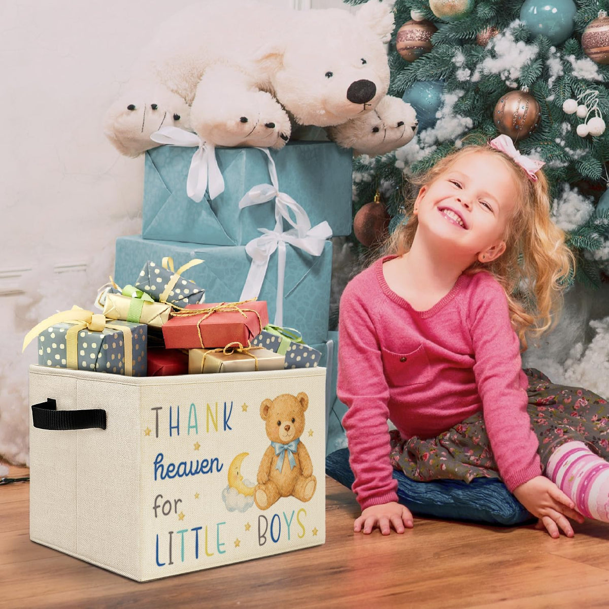 Bear Boy Nursery Storage Bins Box with Handles, Thank Heaven for Little Boys Laundry Basket Hamper Collapsible Clothes Toys Organizer for Toddler Kids Room Playroom Bathroom