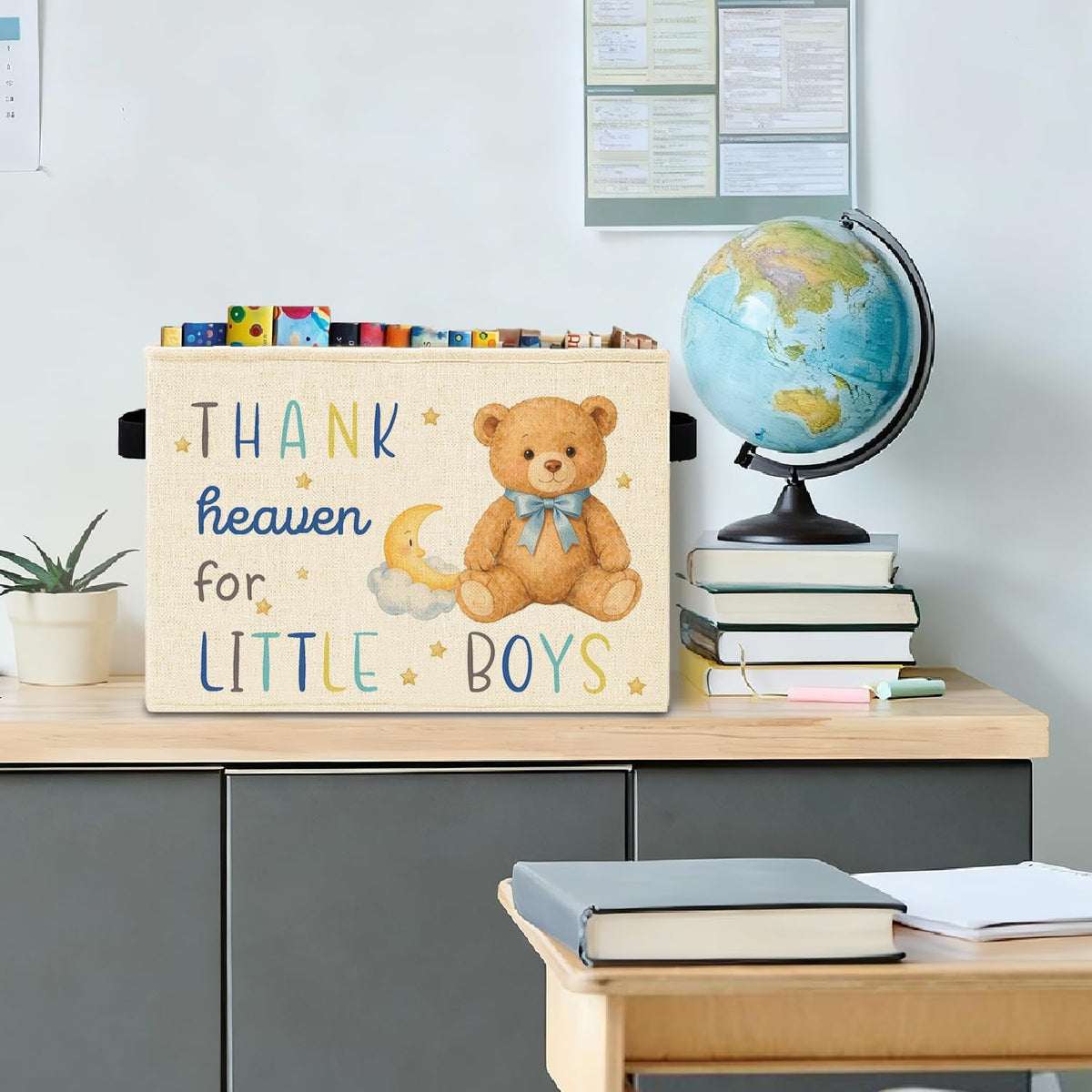 Bear Boy Nursery Storage Bins Box with Handles, Thank Heaven for Little Boys Laundry Basket Hamper Collapsible Clothes Toys Organizer for Toddler Kids Room Playroom Bathroom