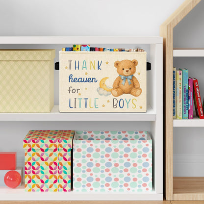 Bear Boy Nursery Storage Bins Box with Handles, Thank Heaven for Little Boys Laundry Basket Hamper Collapsible Clothes Toys Organizer for Toddler Kids Room Playroom Bathroom