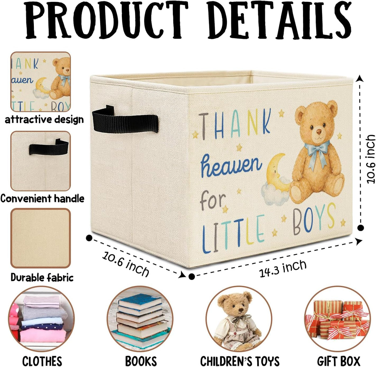 Bear Boy Nursery Storage Bins Box with Handles, Thank Heaven for Little Boys Laundry Basket Hamper Collapsible Clothes Toys Organizer for Toddler Kids Room Playroom Bathroom