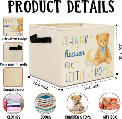 Bear Boy Nursery Storage Bins Box with Handles, Thank Heaven for Little Boys Laundry Basket Hamper Collapsible Clothes Toys Organizer for Toddler Kids Room Playroom Bathroom
