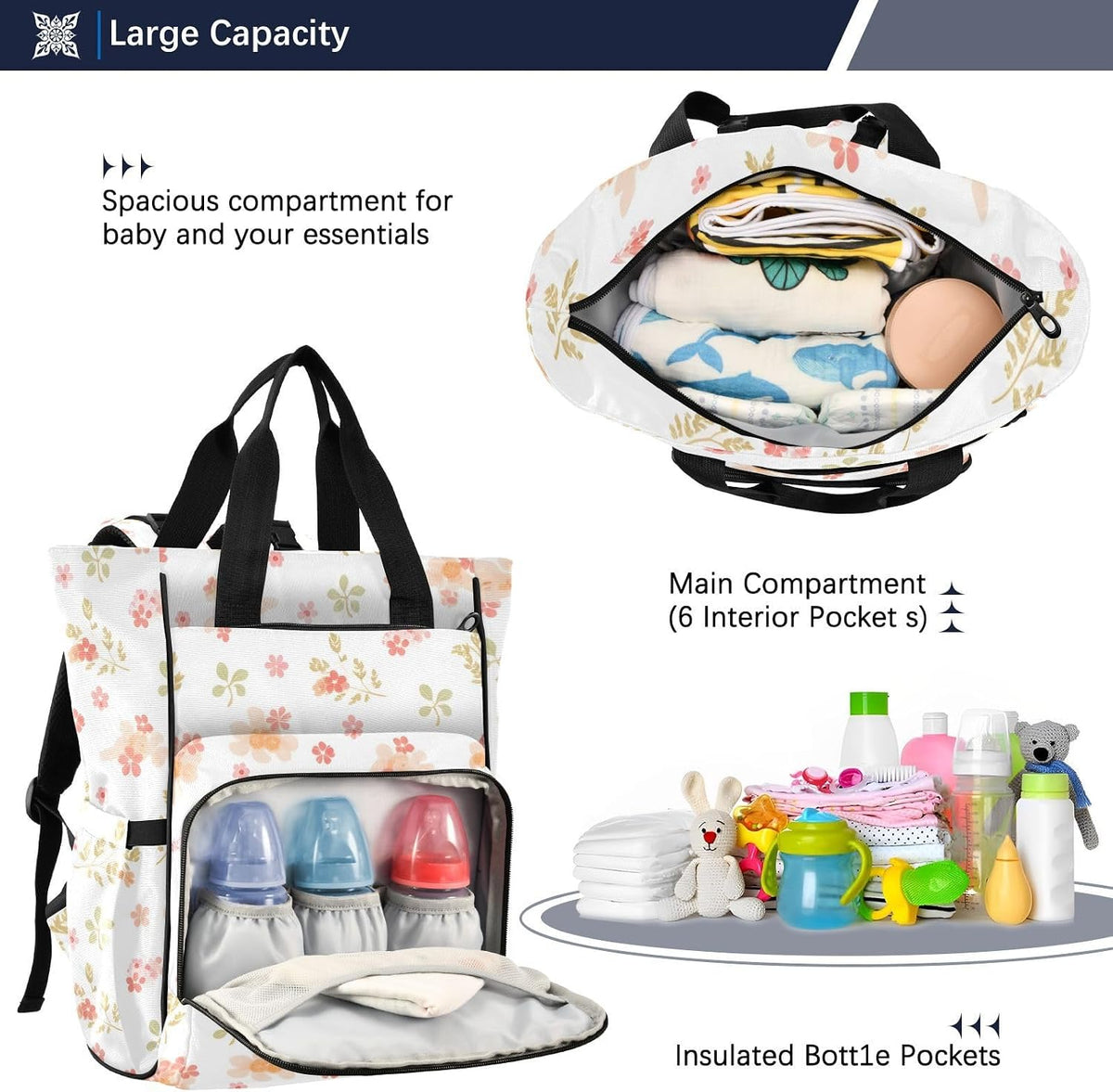 Diaper Bag Backpack, Multifunction Travel Bag for Moms Dads, Baby Changing Bag with Insulted Pockets, Stroller Straps and Side Bottle Pockets Delicate Floral Pattern