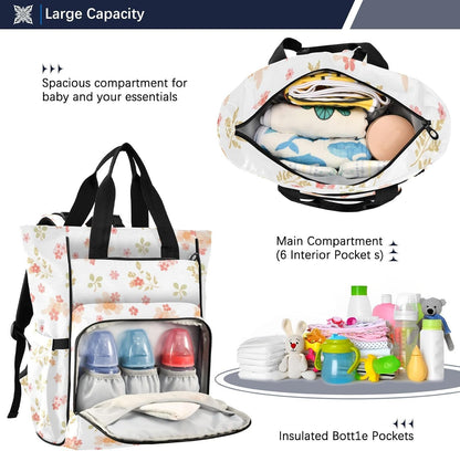 Diaper Bag Backpack, Multifunction Travel Bag for Moms Dads, Baby Changing Bag with Insulted Pockets, Stroller Straps and Side Bottle Pockets Delicate Floral Pattern