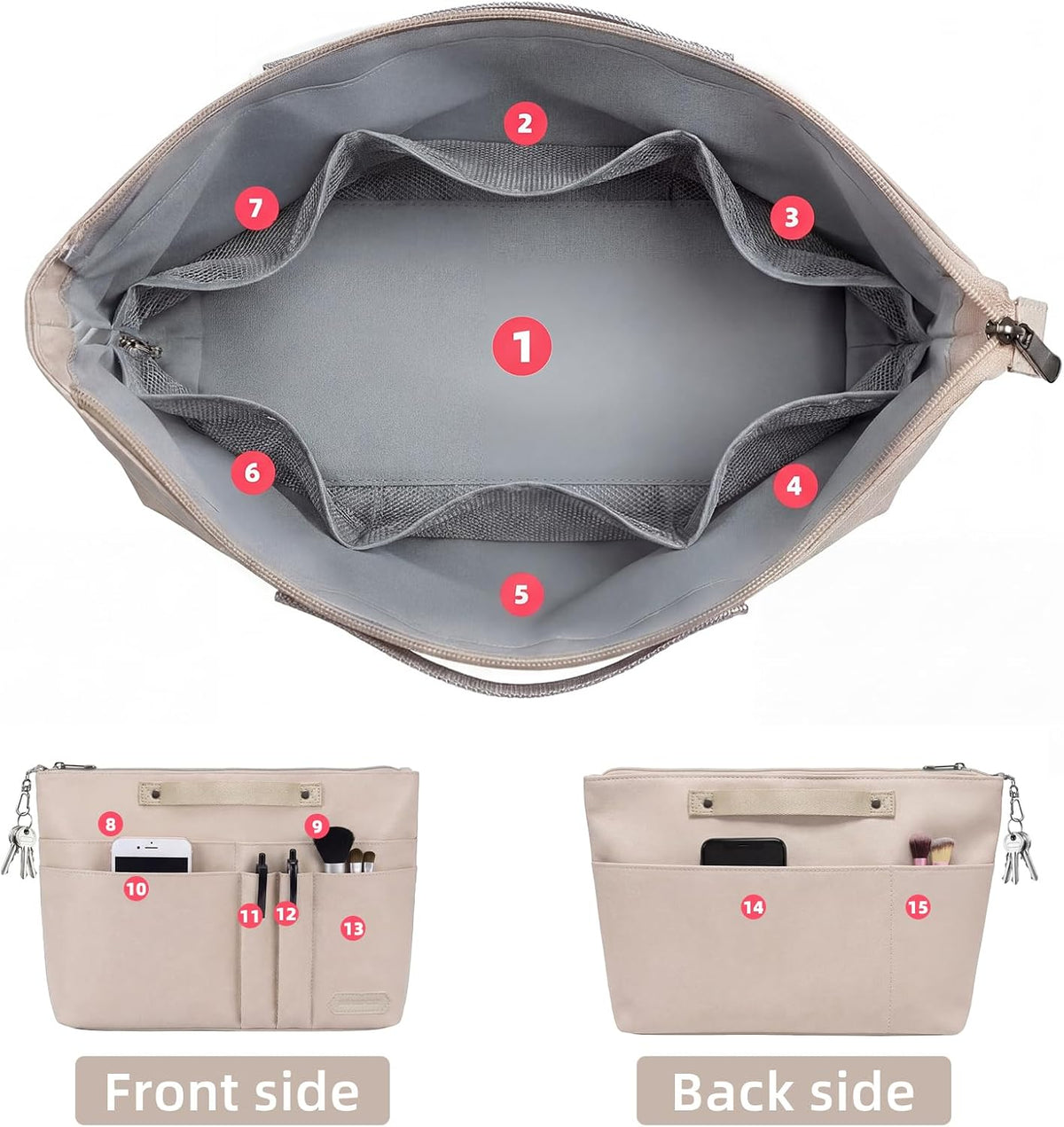 Purse Organizer Insert for Handbags,Tote Bag Organizer Insert with Zipper Bag,Premium Handbag Organizer Inside Liner for Women