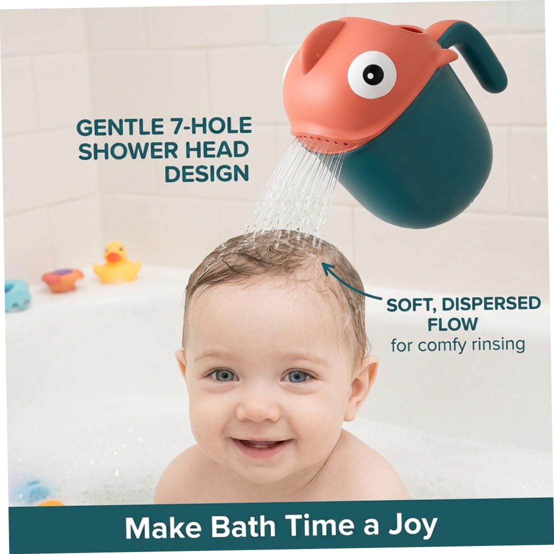 Baby Bath Rinser Cup, Large Capacity Bath Cup for Rinsing Hair with 7-Hole Gentle Shower, Easy-Grip Cartoon Fish Design for Kids Time
