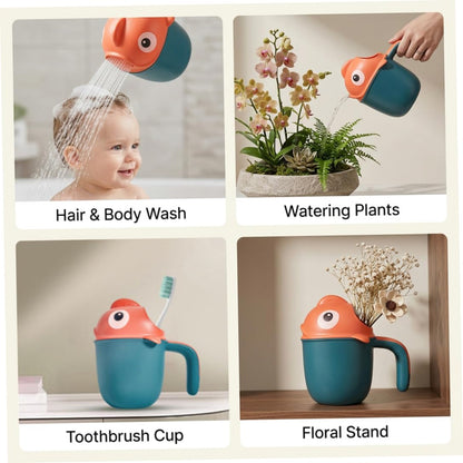 Baby Bath Rinser Cup, Large Capacity Bath Cup for Rinsing Hair with 7-Hole Gentle Shower, Easy-Grip Cartoon Fish Design for Kids Time