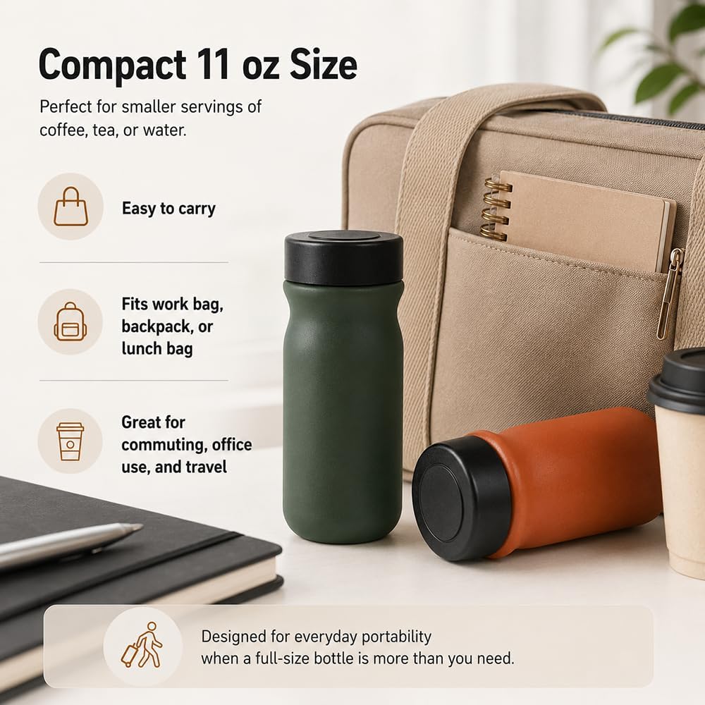 Small 11 oz Vacuum Insulated Stainless Steel Bottle – Leakproof Coffee Flask with 316 Interior, Compact for Tea & Water, Travel Mug for Commute
