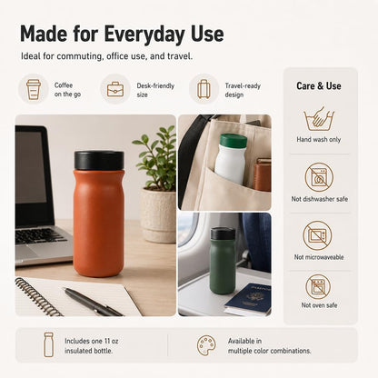 Small 11 oz Vacuum Insulated Stainless Steel Bottle – Leakproof Coffee Flask with 316 Interior, Compact for Tea & Water, Travel Mug for Commute