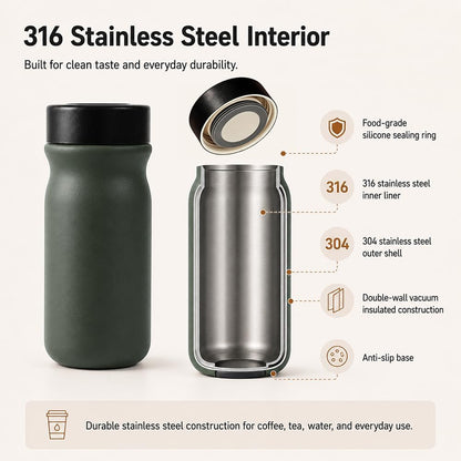 Small 11 oz Vacuum Insulated Stainless Steel Bottle – Leakproof Coffee Flask with 316 Interior, Compact for Tea & Water, Travel Mug for Commute
