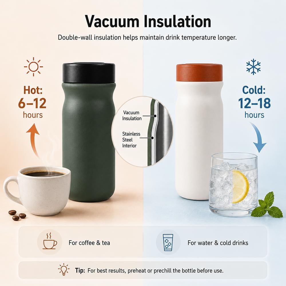 Small 11 oz Vacuum Insulated Stainless Steel Bottle – Leakproof Coffee Flask with 316 Interior, Compact for Tea & Water, Travel Mug for Commute