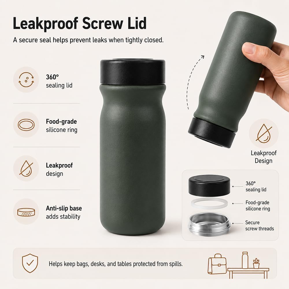 Small 11 oz Vacuum Insulated Stainless Steel Bottle – Leakproof Coffee Flask with 316 Interior, Compact for Tea & Water, Travel Mug for Commute