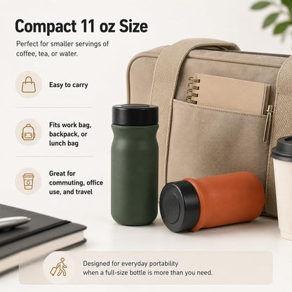 Small 11 oz Vacuum Insulated Stainless Steel Bottle – Leakproof Coffee Flask with 316 Interior, Compact for Tea & Water, Travel Mug for Commute